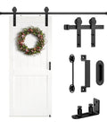 Sliding Barn Door Hardware Kit 6.6 Ft Heavy Duty for Smooth Quiet Operation, Easy Installation With Adjustable Floor Guide, Door Hook And Two Handles, Fits Door Thickness 1 3/8 To 1 3/4 Inches, Includes I Shape Hanger displayed with door and components.