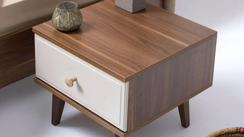 Wooden nightstand with a white drawer featuring a champagne bronze cabinet knob, minimalist style, easy to install.