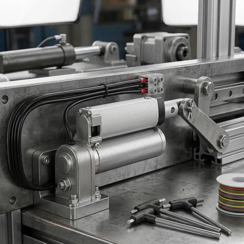 Heavy Duty 12V DC Linear Actuator Serving A Rock Solid 900 Newtons Of No Sweat Push Pull Movement With Waterproof Aluminum Housing And Mounting Brackets For Smooth Small Automation Builds, mounted on a metal surface with cable connections.