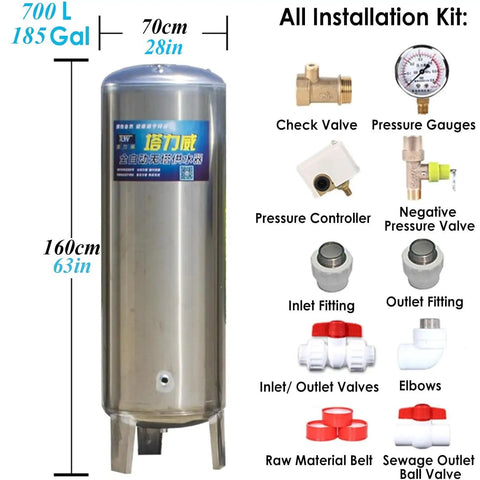 Built Like A Tank 79 Gallon Stainless Steel Pressure Tank For Yard And Garden Water Storage And Pump Systems Automatic Pressure Control seamless design with installation kit.