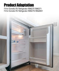 Open fridge door showing Heavy Duty Beefed Up Fridge Freezer Compartment Hinge for RV and Motorhome, white hinge installed