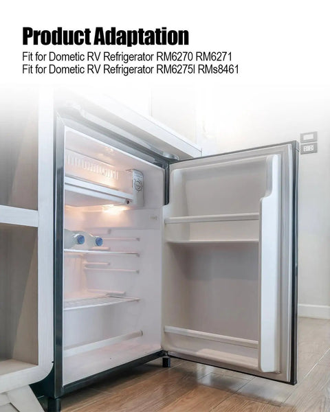 Open fridge door showing Heavy Duty Beefed Up Fridge Freezer Compartment Hinge for RV and Motorhome, white hinge installed