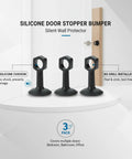 Image showing Easy Install No Drill Silicone Door Stopper Bumpers with soft cushions, displayed in a 3 pack set for wall protection.