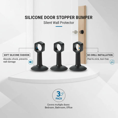 Image showing Easy Install No Drill Silicone Door Stopper Bumpers with soft cushions, displayed in a 3 pack set for wall protection.