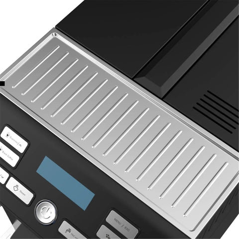 Close-up of Skip The Line Top Tier Automatic Espresso Machine with built-in control panel and metallic drip tray.