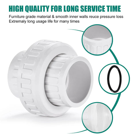 1-1/2 Inch PVC Union Pipe Fitting Socket To Socket With Built In EPDM O Ring, Slip Union, Schedule 40, White, Leak Proof Seal