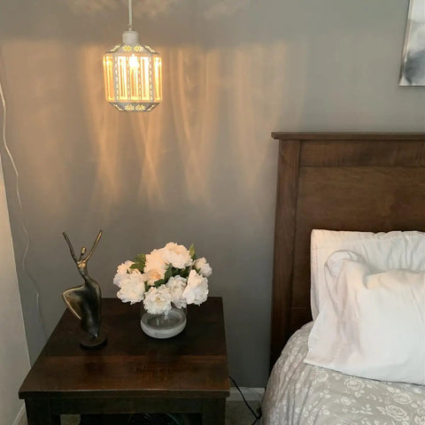 Boho Hanging Plug In Lamp With Dimmable 16.4 Ft Cord Rustic White Crystal Swag Pendant Light Over Bedside Table