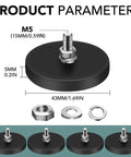 Rubber Coated Neodymium Magnets 30 Lbs Each With 1.69 Inch Circular Base And M5 Assembly Base shown with dimensions and hardware pieces.