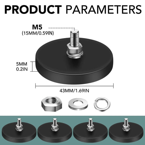Rubber Coated Neodymium Magnets 30 Lbs Each With 1.69 Inch Circular Base And M5 Assembly Base shown with dimensions and hardware pieces.