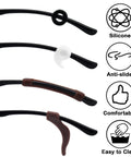 12 Pairs Silicone Eyeglasses Retainers Anti Slip Glasses Temple Holders Stay Put Stoppers For Sports And Study With Four Design Options In Black Clear And Brown shown on eyeglass temples