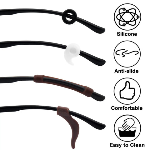12 Pairs Silicone Eyeglasses Retainers Anti Slip Glasses Temple Holders Stay Put Stoppers For Sports And Study With Four Design Options In Black Clear And Brown shown on eyeglass temples