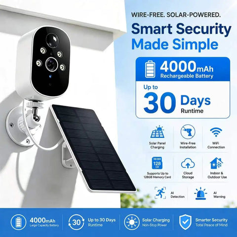 Two Pack 2K Wireless Solar Security Cameras With Straight Up Reliable Motion Tracking Day And Night Vision Plus A Durable Outer Shell designed for outdoor use with solar panel