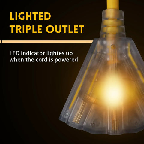 Lighted 50 Ft Outdoor Extension Cord With 3 Outlets Heavy Duty 14 Gauge 3 Conductor SJTW Bright Yellow Cable glowing LED