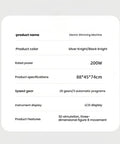Image of product specifications for Electric Slimming Machine, including dimensions, power, color, and features.