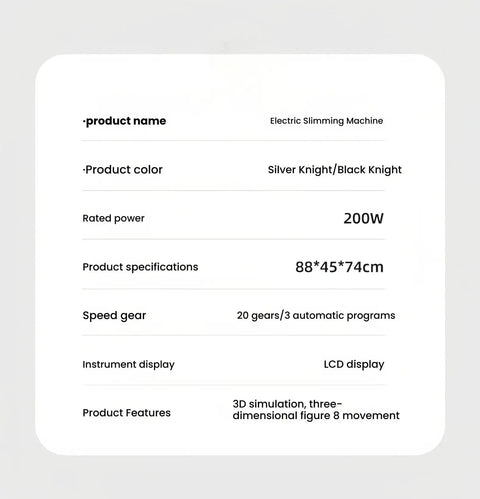Image of product specifications for Electric Slimming Machine, including dimensions, power, color, and features.