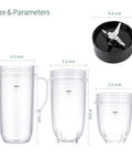4 Piece Blender Replacement Set For 250W Blenders Including 22oz Tall Mug, 16oz Cup, 12oz Short Cup And Cross Blade Compatible With MB1001 Series BPA Free Plastic And Stainless Steel Parts Dishwasher Safe Easy Install No Fuss