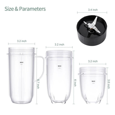 4 Piece Blender Replacement Set For 250W Blenders Including 22oz Tall Mug, 16oz Cup, 12oz Short Cup And Cross Blade Compatible With MB1001 Series BPA Free Plastic And Stainless Steel Parts Dishwasher Safe Easy Install No Fuss