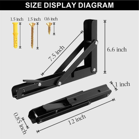 Size diagram showing dimensions of Heavy Duty Folding Shelf Brackets 12 Inch 2 Pack wall mounted drop down table.