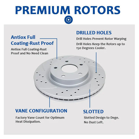 Beefed Up Drilled And Slotted Brake Kit Replacement rotor with drilled holes and antivarnish coating features displayed