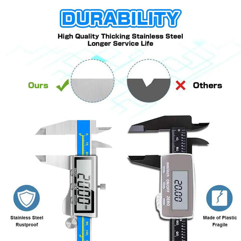 Digital Caliper Measuring Tool Pro Grade Industrial Caliper For Inch And Millimeter Measurement Jewelry Quality IP54 Waterproof Glass Sensor contrasting durability comparison of stainless steel and plastic calipers