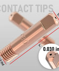 Super Hot MIG Welding Contact Tips 11-30 Size For.030 Wire, Premium 25 Pack close-up, showing detailed copper finish and threads.