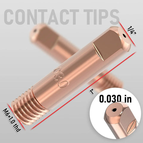 Super Hot MIG Welding Contact Tips 11-30 Size For.030 Wire, Premium 25 Pack close-up, showing detailed copper finish and threads.