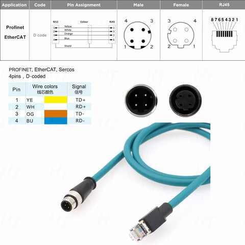Ethernet M12 D Coded To RJ45 Cable 4 Pin Plug And Play Profinet Network 1 Meter For Keyence SICK Sensors Barcode Readers