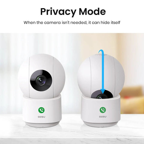 2K Indoor Security Cam for Home, Baby Monitor and Pet Cam, 360-Degree Coverage, showing privacy mode feature