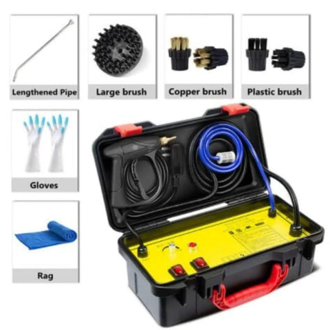 Massive 3200W High Pressure Steam Cleaner, Handheld Heavy Duty Unit For Air Conditioner, Range Hood, Car And Kitchen Appliances. Includes multiple brushes and gloves.