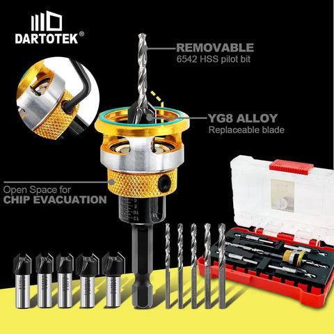 Counter Sink Drill Bit Set With Adjustable Depth HSS M2 Countersink Bits For Wood And Plastic, product display