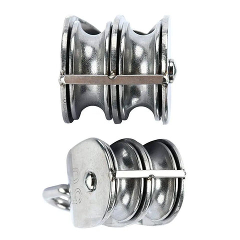 Rock Solid M50 Double Pulley Block Crafted From Top Grade 304 Stainless Steel Featuring A Badass 400Kg Lift Capacity Designed For Rigorous Industrial Milling And Engine Projects 2 Pack, showcasing two pulleys.
