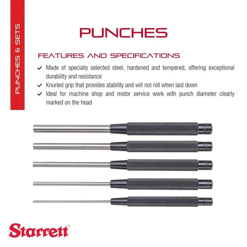 Heavy Duty Drive Pin Punch Set With Knurled Grip For Precise Positioning And Secure Hold, Hardened Tempered Steel, 8 Inch Length, 5 Pack
