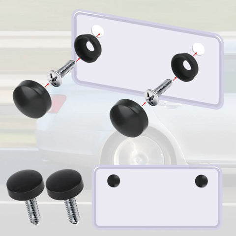 8 Pack Car License Plate Screw Caps And Bolt Covers Set, Black Plastic Head Covers For License Plate Bolts On Cars, Trucks, RVs, Vans, And Motorcycles, Durable And Easy Fit, shown with screws and caps illustration.