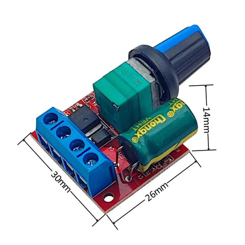 Close-up of Mini DC Motor PWM Speed Controller 5V-35V Regulator Module showing dimensions and components, adjustable speed control visible