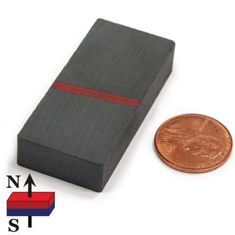 Ceramic Rectangular Domino Magnet Set For DIY Projects next to coin for size comparison, Grade 8 Ferrite, 1 7/8 By 7/8 By 3/8 Inches
