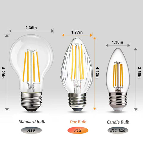 Comparison of 8W LED Porch Light Bulb Dimmable 2700K Warm White E26 Base with standard A19 and candle B11 E26 bulbs.