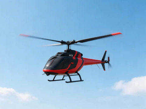 C138 Red and Black Remote Control Helicopter with 6CH 6 Axis Gyro Beginner Friendly Easy Hover in flight against clear sky