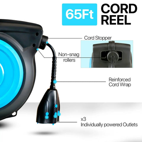 Heavy Duty 50 Foot Cord Reel Extension With Slow Retraction Technology, IP64 Waterproof, triple tap outlet, close-up view