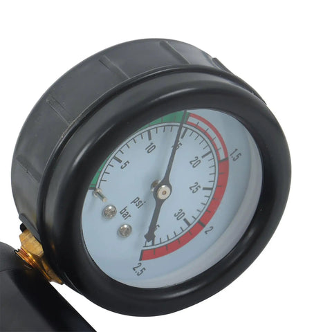 Close-up of a psi gauge from the Heavy Duty 18 Piece Radiator Pressure Tester And Coolant Purge Refill Vacuum Kit showing pressure levels.