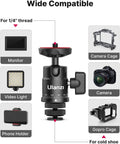 Mini Ball Head H28 Panoramic Tripod Head With Dual Hot Shoe Mount shown with compatible devices, DSLR, smartphone, and video light.