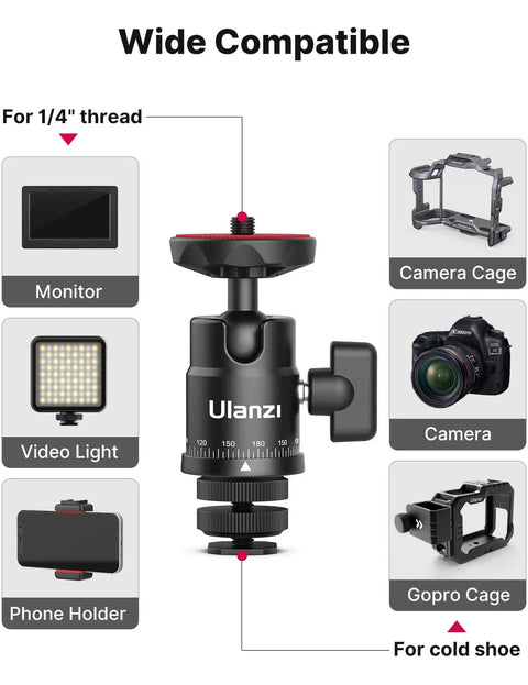 Mini Ball Head H28 Panoramic Tripod Head With Dual Hot Shoe Mount shown with compatible devices, DSLR, smartphone, and video light.