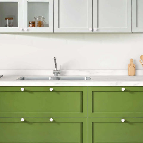 15 Pack White Cabinet Knobs Round Drawer Pulls Single Hole For Dresser Kitchen Bathroom Modern 30mm 1.25 Inch on green cabinets.