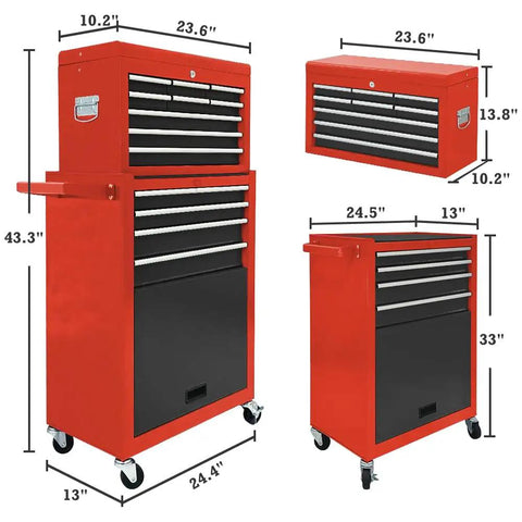 Heavy Duty Thirteen Drawer Rolling Tool Chest With Massive Mobile Storage Cabinet Secured Tight With Heavy Load Capacity Smooth Roll Quad Casters Built For Hardcore Garage Folks And Weekend Warriors Gear Storage Black And Red