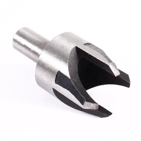 Built Tough Heavy Duty Eight Piece Wood Plug Cutter Set Forged From Premium Carbon Steel shows a tapered plug cutter with round shank.