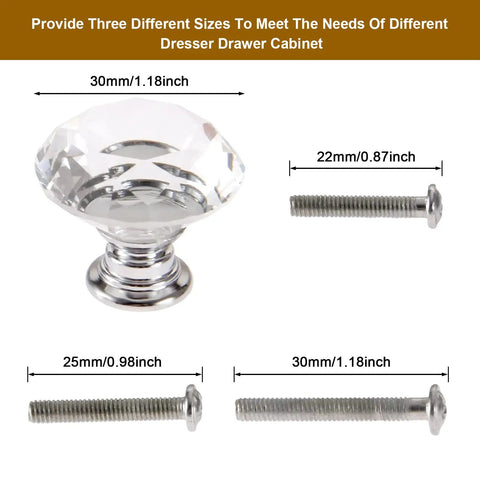 Sparkling Crystal Diamond Glass Cabinet Knob Set 30mm 1.18 Inch Clear Crystal Pulls With Three Size Screws For Dresser Cabinet Closet Doors Upgrade For Your Home Decor, clear knob and screws