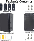 Killer IP67 Seal Rock Solid ABS Junction Box With Secure Hinged Black Lid And Heavy Duty Mounting Plate Package contents including screws and brackets.