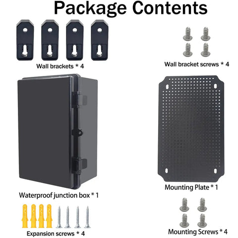 Killer IP67 Seal Rock Solid ABS Junction Box With Secure Hinged Black Lid And Heavy Duty Mounting Plate Package contents including screws and brackets.