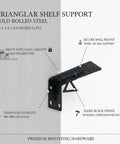 Built Tough Cold Rolled Steel Triangular Shelf Bracket For Floating Shelves And Wall Cabinets, Heavy Duty Black Finish, 5.5 By 3.3 By 2.0 Inches, Rock Solid, Wobble Free Support, Industrial Grade Mounting, product image with features and dimensions listed.