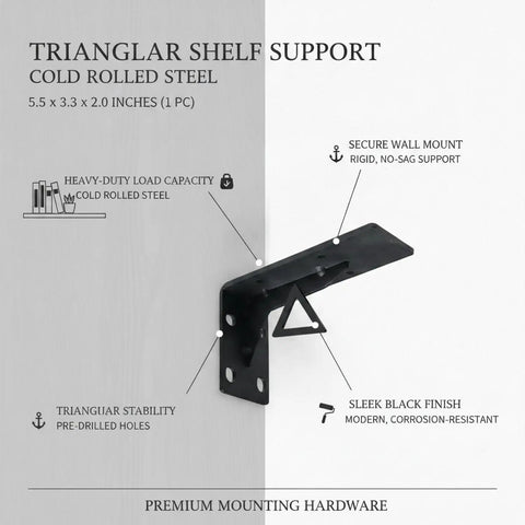 Built Tough Cold Rolled Steel Triangular Shelf Bracket For Floating Shelves And Wall Cabinets, Heavy Duty Black Finish, 5.5 By 3.3 By 2.0 Inches, Rock Solid, Wobble Free Support, Industrial Grade Mounting, product image with features and dimensions listed.
