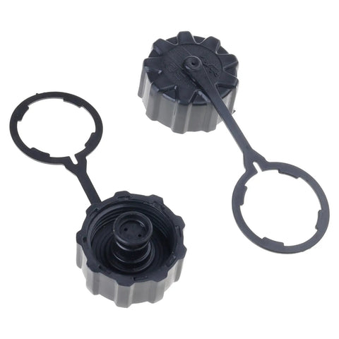 Pack Of 2 Threaded Drain Covers With Tethers For Sprayers, Leakproof Tank Caps, Black, Sturdy Screw On Design, Top View